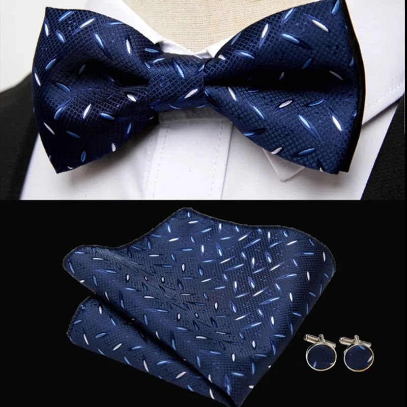 HUISHI Klassische blaue Fliege für Männer, Paisley-Blumenfliege, Einstecktuch, Manschettenknöpfe, Anzug-Set, Hochzeit, Party, kariert, solide Schmetterling – Detail 4