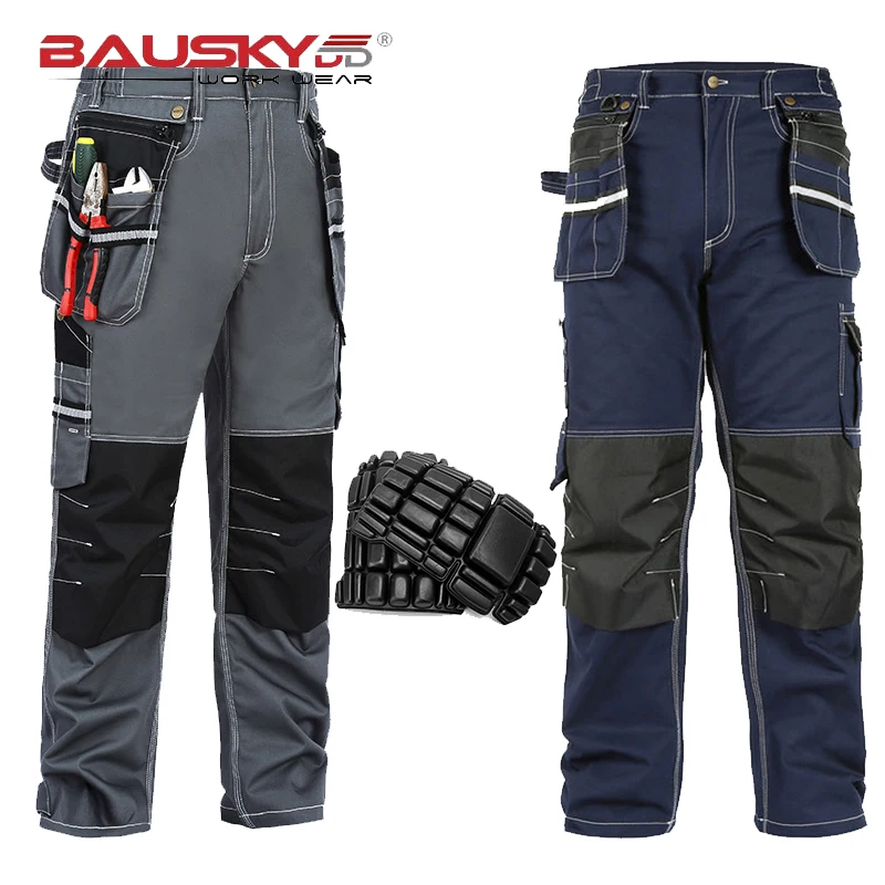 Work Wear Men\'s Safety Clothing Pants Trousers Multi-function Tool Pockets 100% Cotton Mechanic Pants with Knee Pads