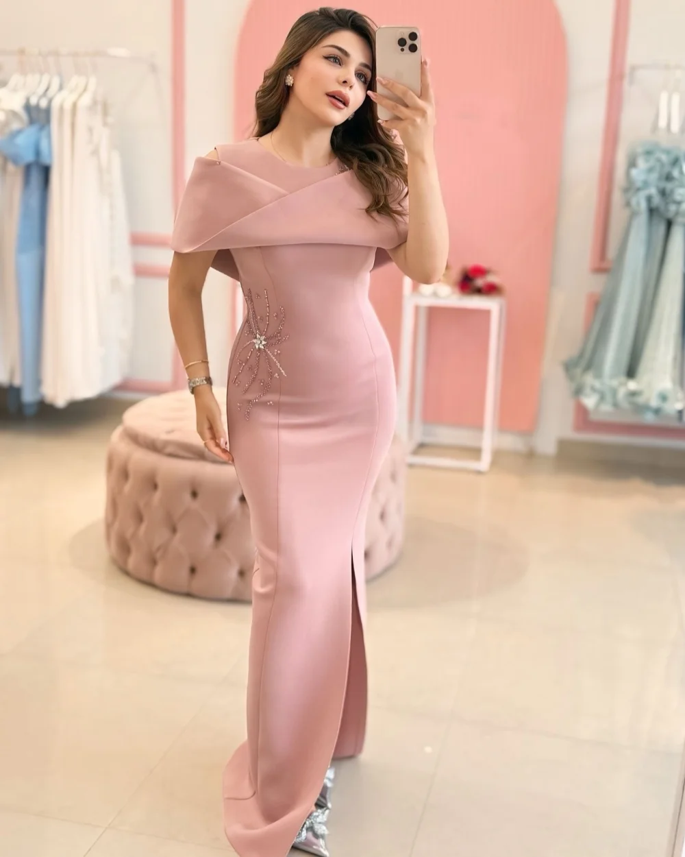 

Customized High Quality Fashion Jersey Rhinestone Pleat Column Off-the-shoulder Long Dresses Bespoke Occasion Dresses Classic
