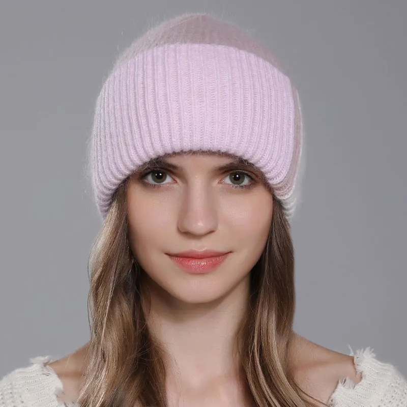 CNTANG 2024 New Fashion Color Splicing Knitted Women\'s Hats Warmth Angora Rabbit Fur Hat Winter Beanie for Lady Adult Female Cap