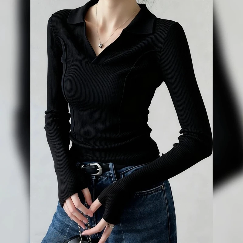 Simplicity Long Sleeve Temperament Solid Tops Spring Autumn Polo Neck All-match Elegant T Shirts Fashion Office Women Clothing