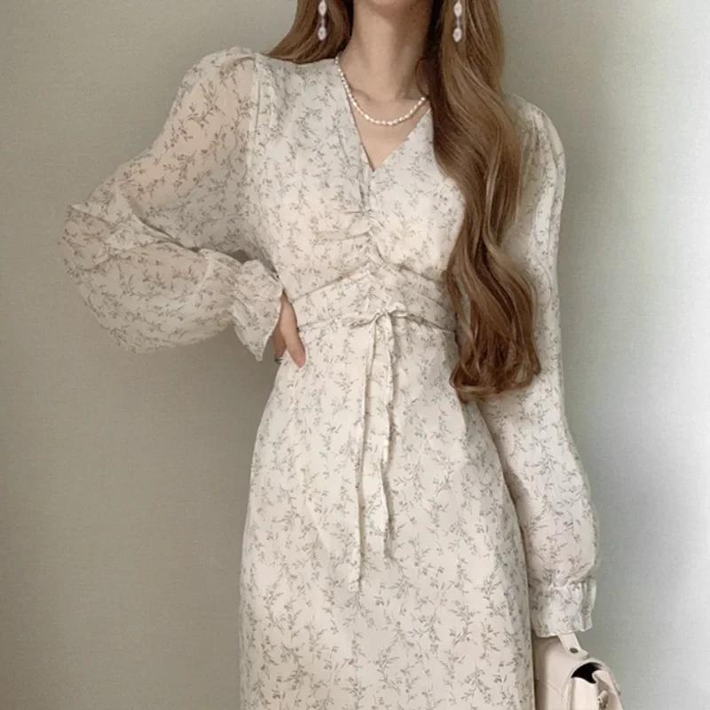 Autumn Tunic Lace-up Vestidos Mujer Broken Fower Women Dresses Puff Long Sleeve Dress V-neck Vestido 2025 New A-line Robes