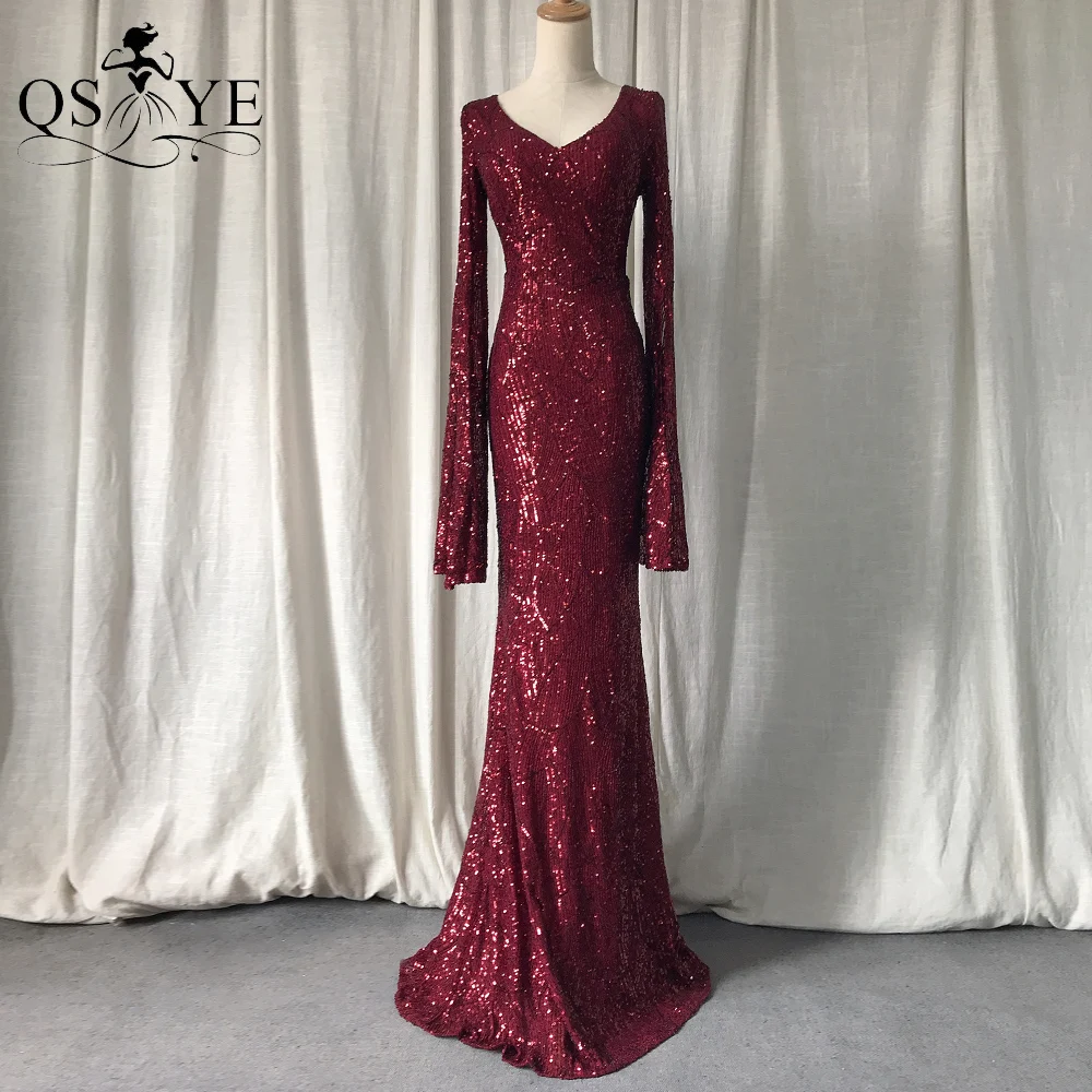 

Glitter Sequin Burgundy Evening Dresses Open Flare Long Sleeves Mermaid Prom Gown V Neck Pattern Lace Fit Party Celebrity Dress