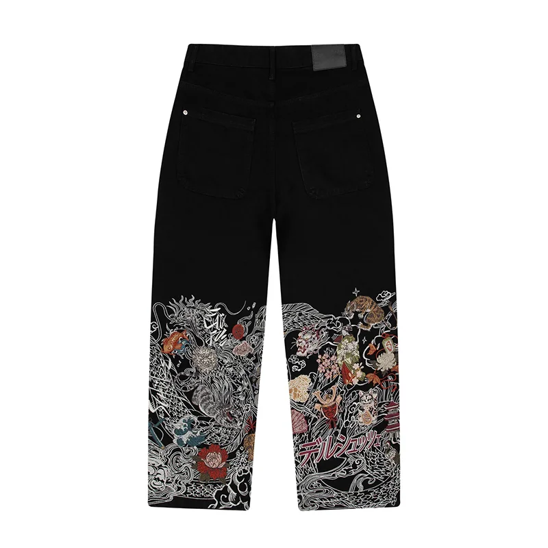 Y2K جينز غير رسمي عتيق ياباني Ukiyo e نمط الأزهار التطريز واسعة الساق الجينز الاتجاه الرجال النساء موضة الهيب هوب الشارع الشهير
