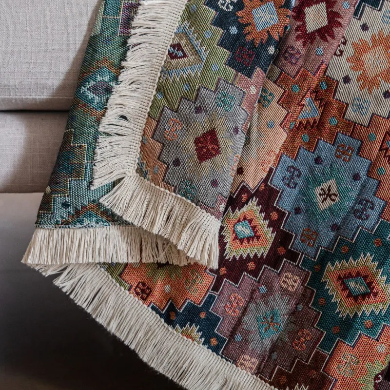 Jacquard Cotton Linen Sofa Towel Ethnic Style Thicken Settee Cloth Retro Style Living Room Dust Cover Multi Functional Blanket