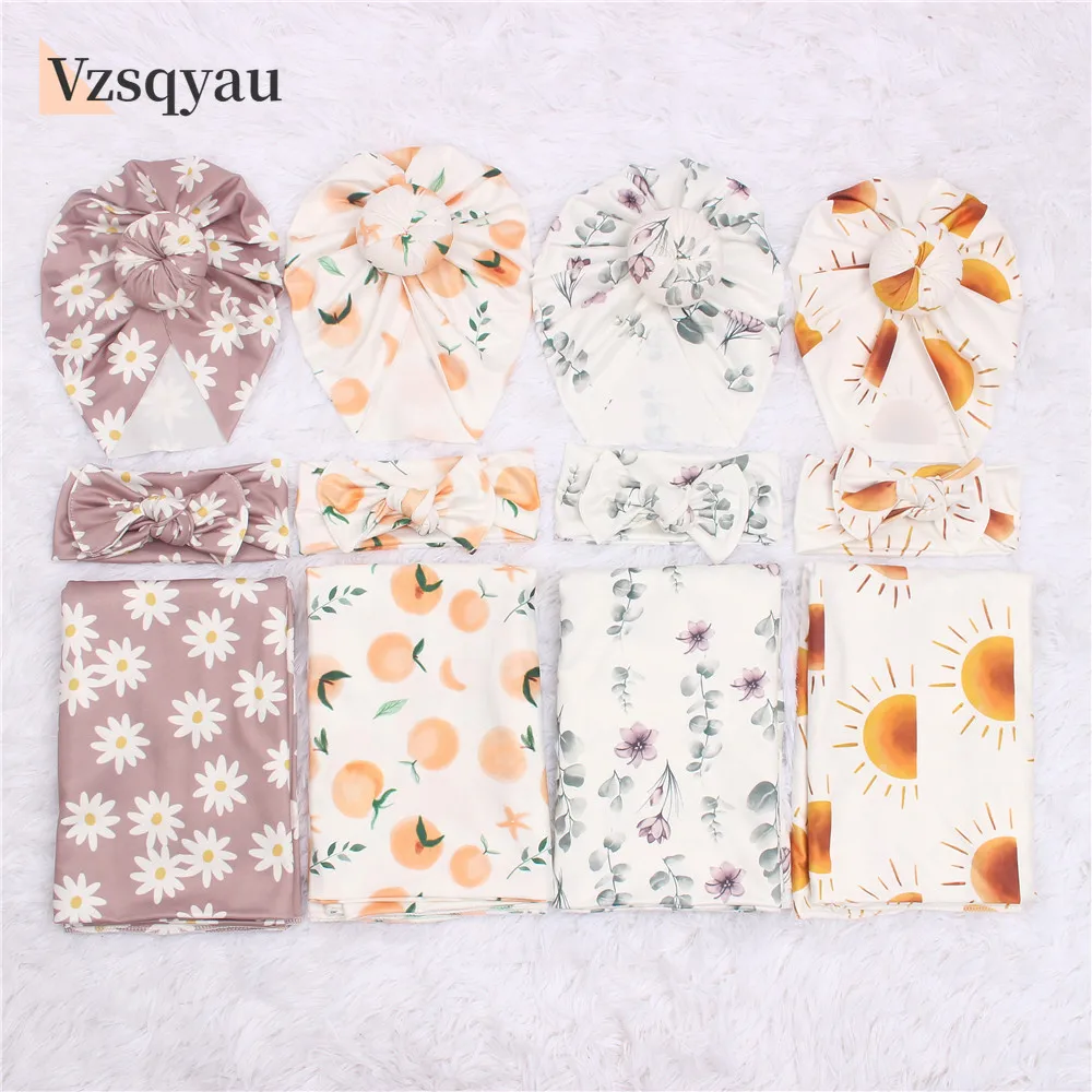 3pc/set Baby Swaddle Wrap New Born Receiving Blanket for Newborn Babies Accessories Soft Floral Headband Hat Bedding Baby Items