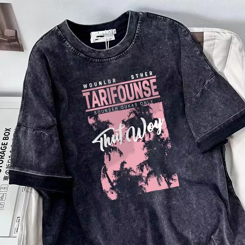 

Heavy wash short sleeve T-shirt 2025 trend hip hop wind motorcycle T-shirt summer T-shirt loose top T-shirt