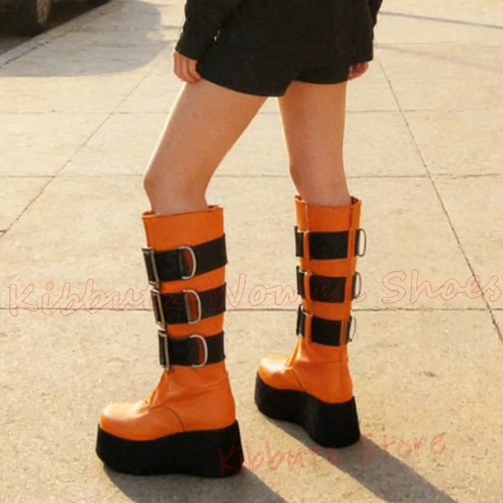 Knee High Boots Platform Thick Bottom Mixed Color Belt Buckle Genuine Leather Fashion Elegant Sexy Party Concise Women Shoes New