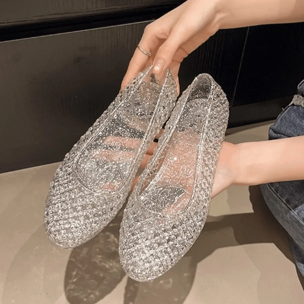 New Glitter Inlay Jelly Shoe Breathable Crystal Look Flat Sandal Hollow Out Flat Sole Beach Shoe Beach Trip