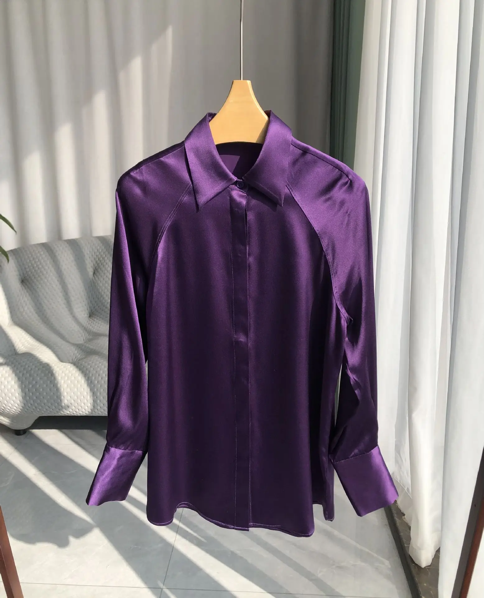 100% Heavy Silk Shirts And Blouses Noble Purple Women\'s Long Sleeve Lapel Casual Shirt Slim Fit Ladies Single-breasted Cardigan