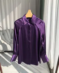 100% Heavy Silk Shirts And Blouses Noble Purple Women's Long Sleeve Lapel Casual Shirt Slim Fit Ladies Single-breasted Cardigan