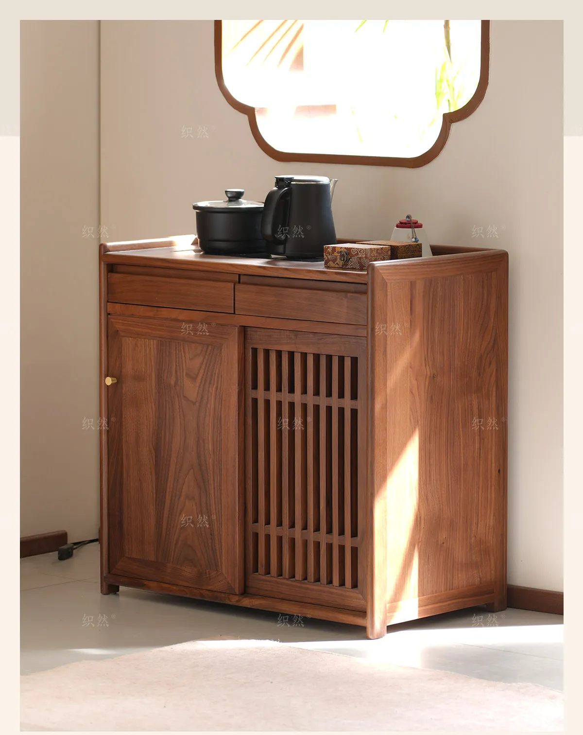YJQ black walnut solid wood tea room tea cabinet storage new Chinese household dining side cabinet