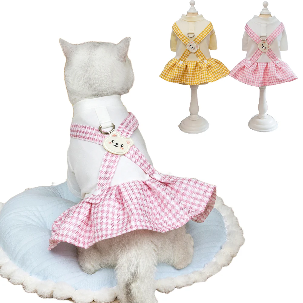 

Luxury Plaid Cat Clothes ,Cute Puppy Princess Skirt for Small Medium Dogs ,Houndstooth Patterned Kitten Dress with a Sweet Bear