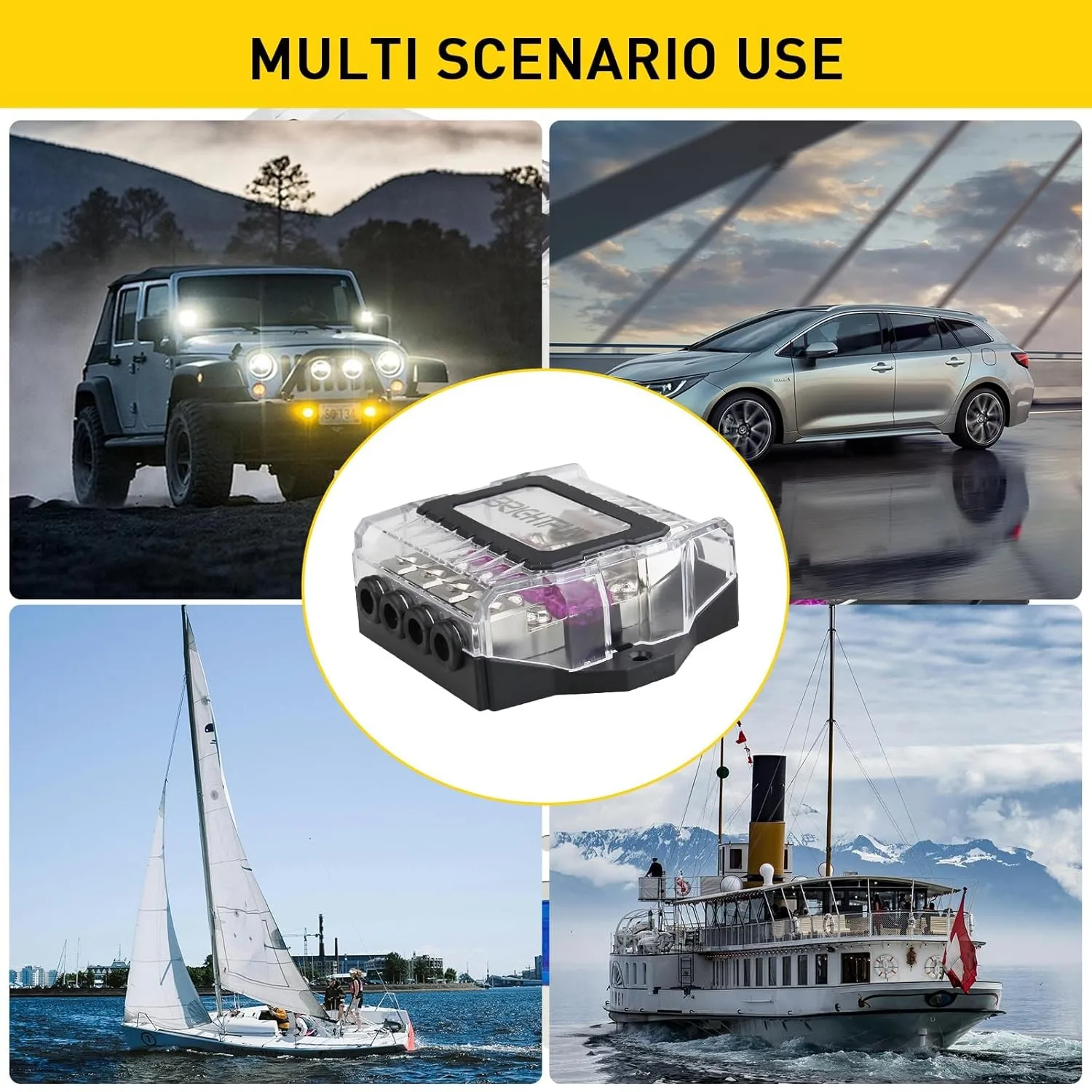 

4-Way Power Distribution Block with 0/2/4AWG Input & 3×4/8/10AWG Outputs, Amp Ground Distributor Car Audio Amplifier Splitter 1