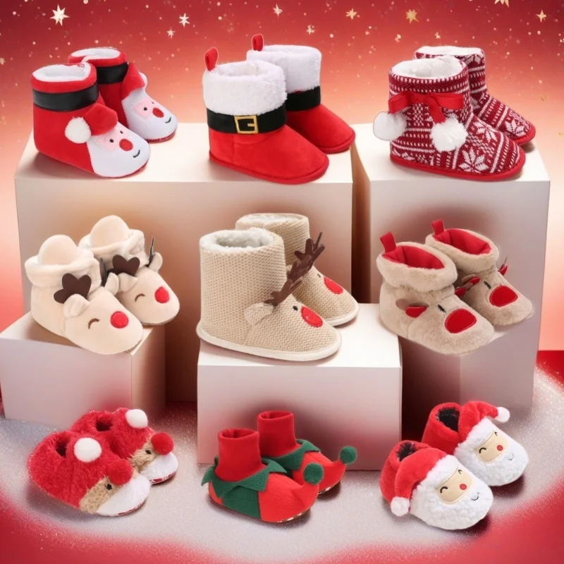 Weihnachts-Babystiefel, 0–18 Monate, Lauflernschuhe, Plüsch, warm, weiche Sohle, rutschfest, für Jungen und Mädchen, Urlaub, süß