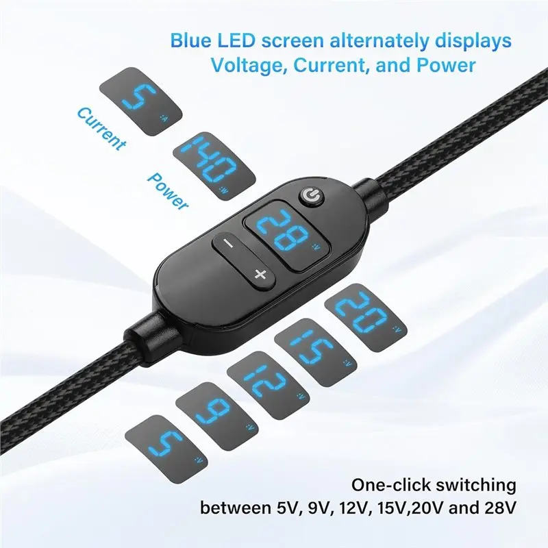 A99E-140W PD To DC Converter Cable Adjustable Voltage (5V/9V/12V/15V/20V/28V) 10-In-1 Adapter Heads