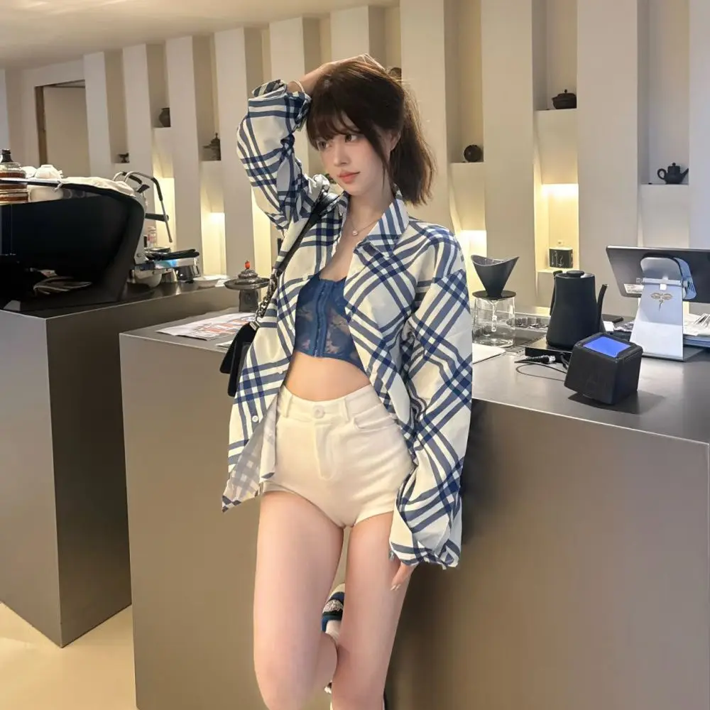 

Blue White Checkered Striped Long Sleeve Shirt Spring Summer New Loose Sun Protection Temperament Tops Fashion Clothes for Women