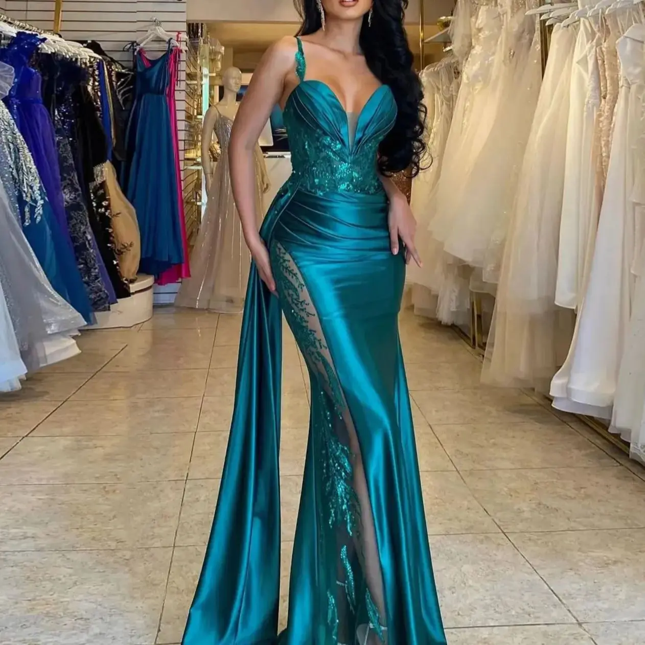 Fashionable Mermaid V-neck Sweep Train Chiffon Cap Sleeve Prom Dresses Beaded Pleats Discount Prom Gowns