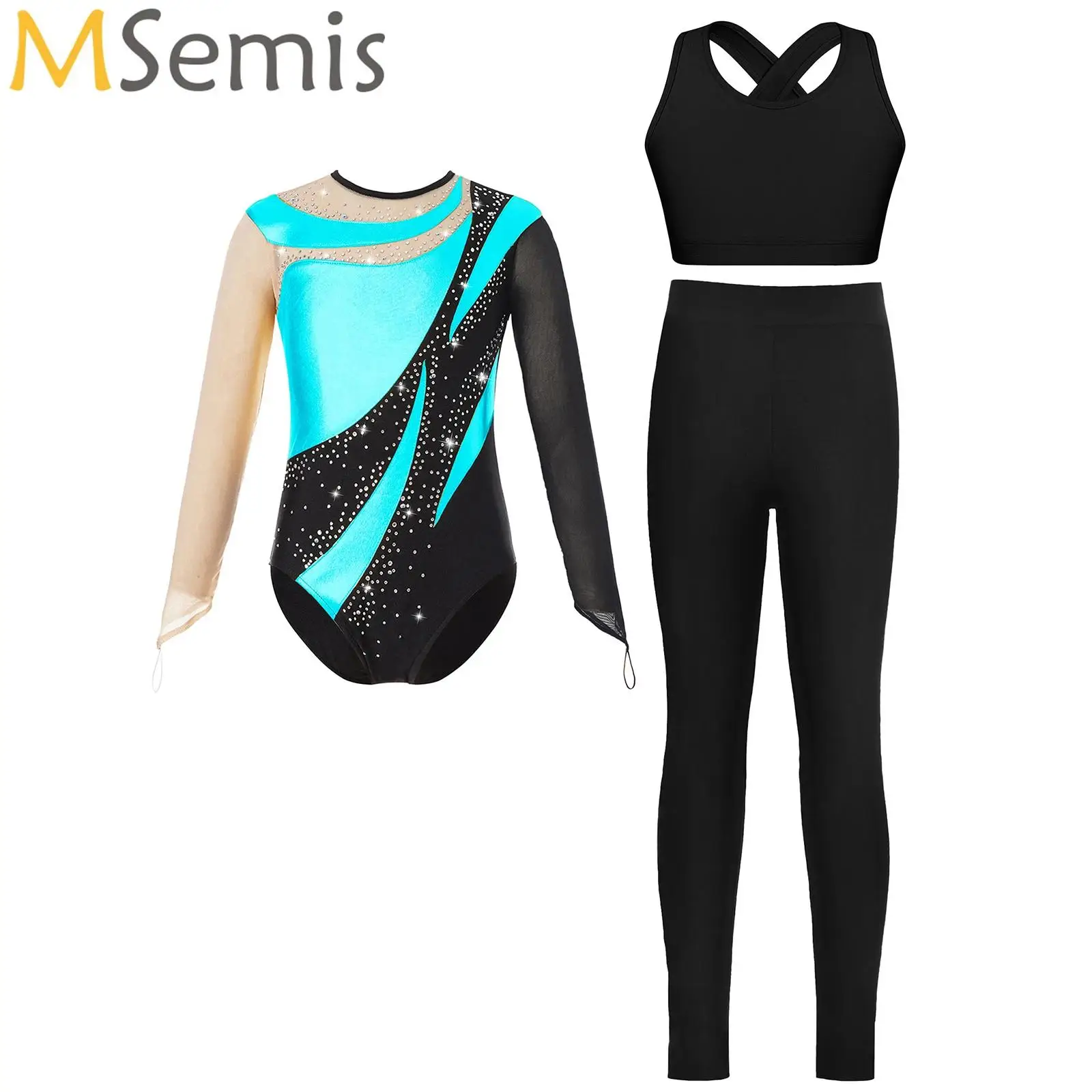 

Kids Girls Figure Skating Costume Gymnastics Performance Sets Shiny Rhinestones Leotard with Vest and Leggings Ballet Dancewear