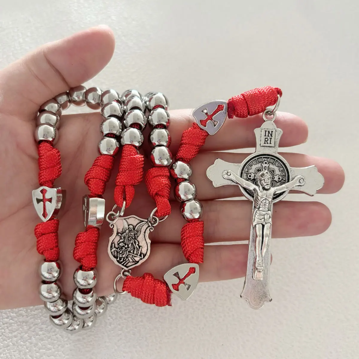 1Set Paracord Rosary with St. Benedict Crucifix Michael Medal Metal Beads - Catholic Prayer Rope Necklace Religious Gift - view 5