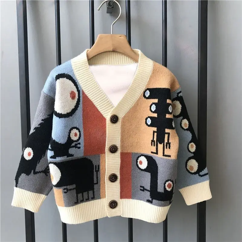 Children's Clothing Boys' Jacket 2025 Spring and Autumn Winter Knitted Sweater Cartoon Top Cardigan Korean Children's Jacket