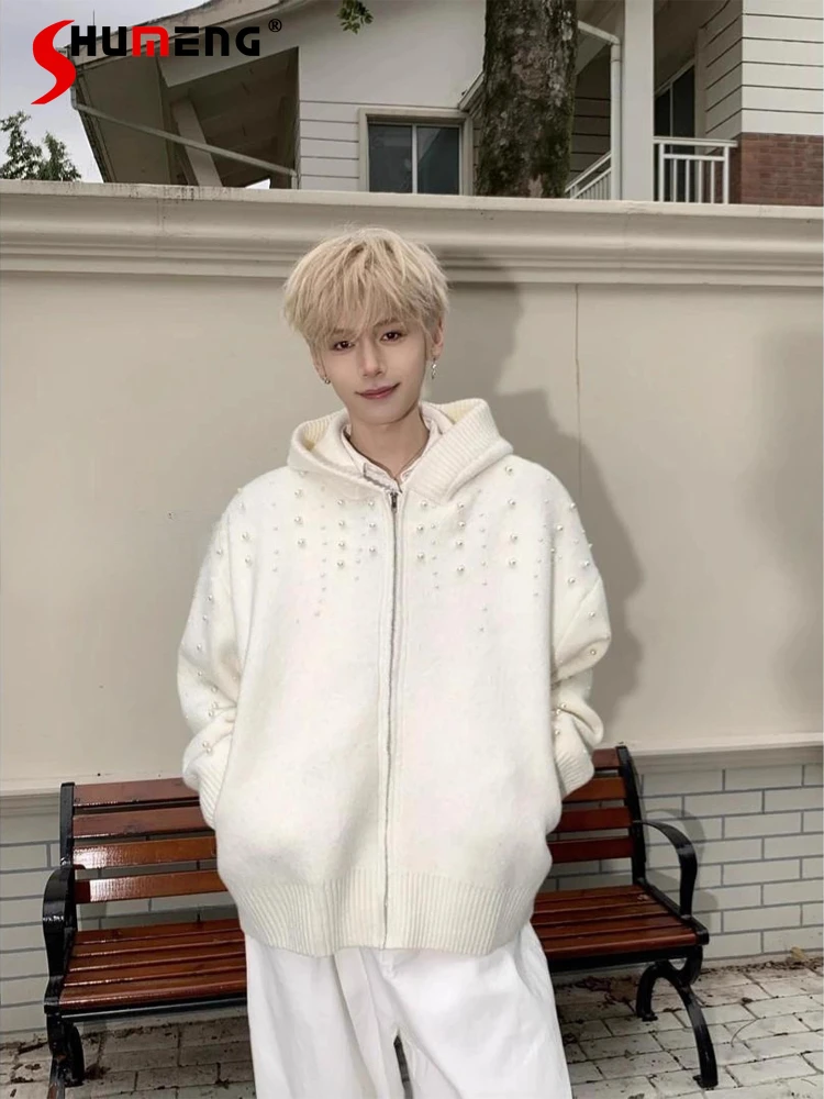 

Fashion Pearl Cardigan Sweaters Men Women 2025 Autumn Winter New Knitted Sweater Long Sleeve Solid Color High-end Handsome Coats