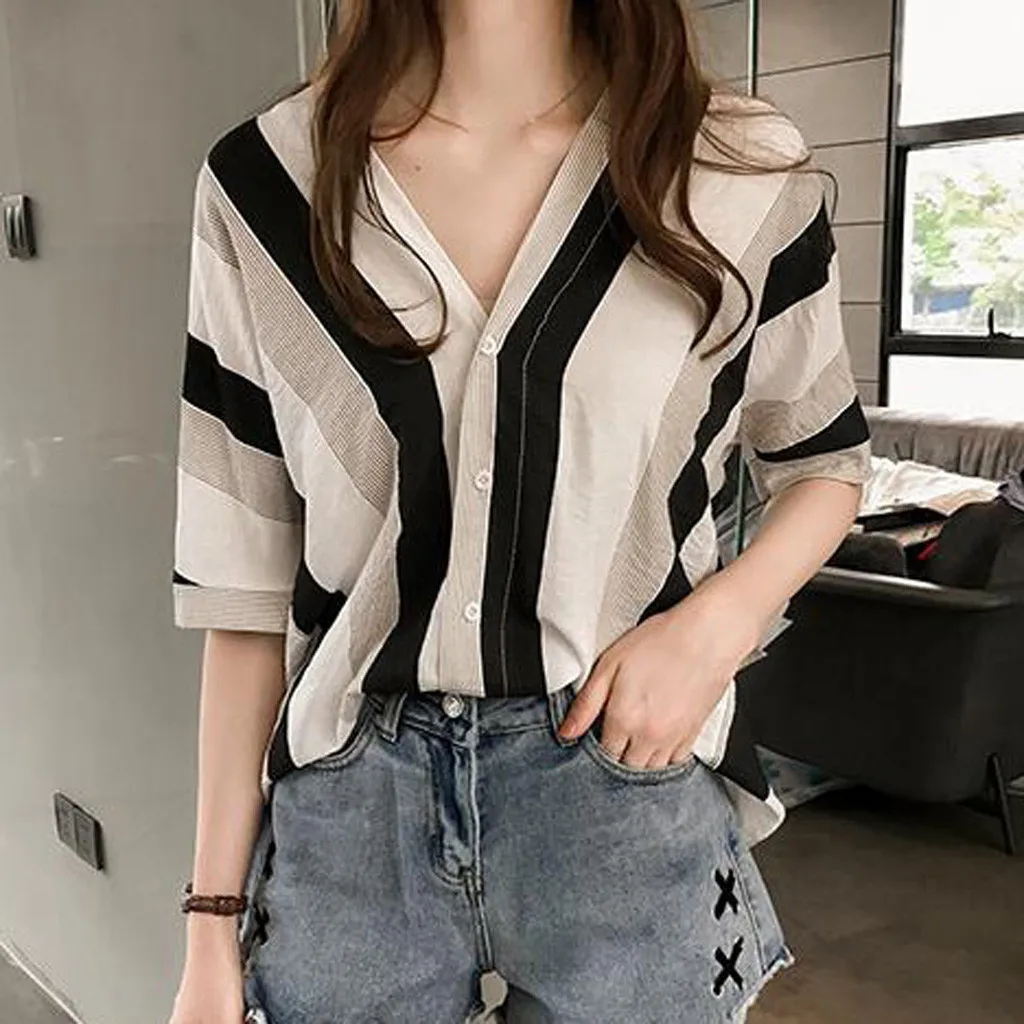 Summer Korean Elegant Fashion Harajuku Slim Fit Female Clothes Loose Casual All Match Tops Patchwork Button Short Sleeve Blusa