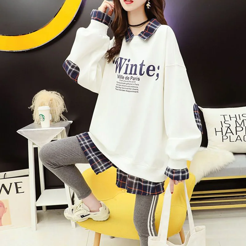 Fake Two Pieces Polo-Neck Sweatshirts Female Autumn Korean Loose Long Sleeve Tops Casual Printing Letter Patchwork Plaid Tshirt