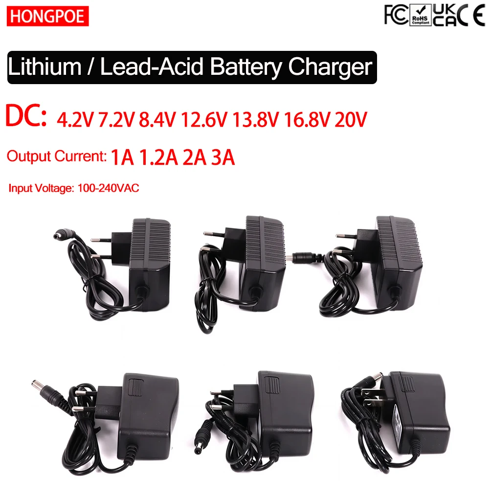 Lifepo4 Ladegerät DC 4,2V 7,2V 8,4V 12,6V 13,8V 16,8V 20V / 1A 1,2A 2A 3A Netzteil 100-240VAC 5,5 X 2,1mm für LED-Leuchten CCTV