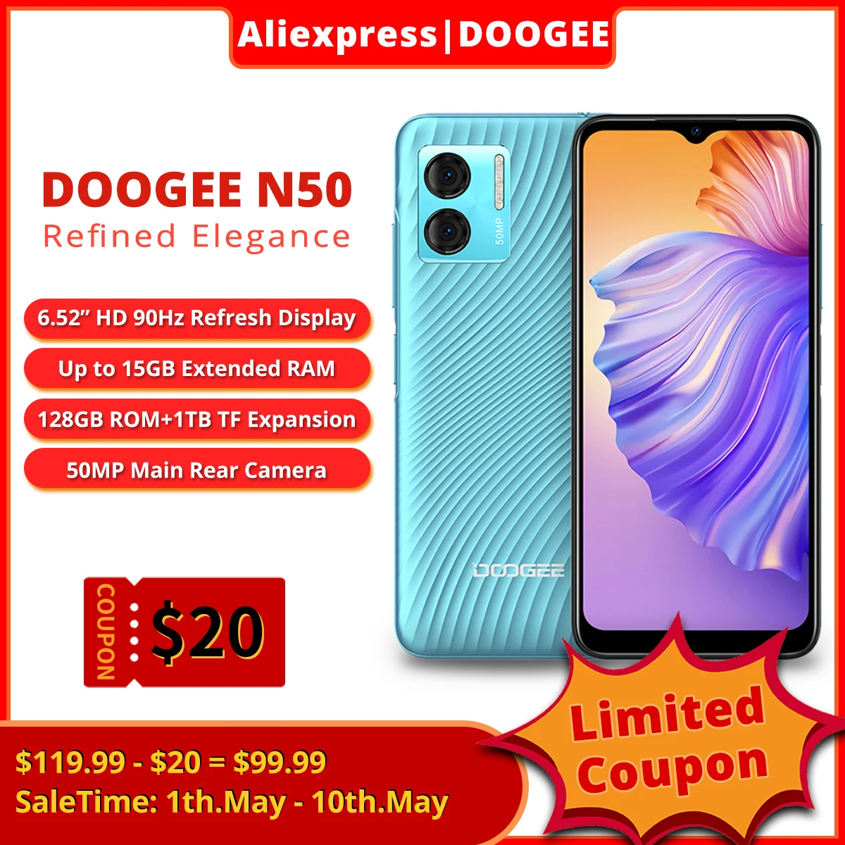 

Doogee N50 Smartphone 6.52" Display 8GB+128GB 50MP Camera 4200mAh Battery T606 Octa Core Android 13 Cell Phone