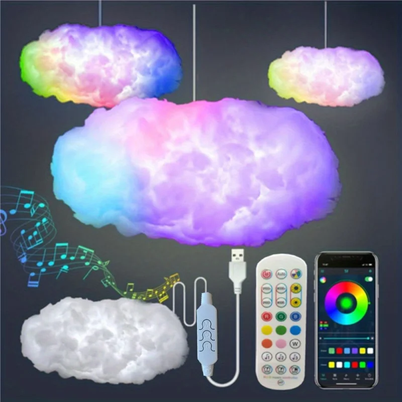 

3D Big Cloud Light Kit Music Sync RGB Multicolor Changing Strip Lights DIY Decorations Cloud Light Lamp For Gaming Room Party De