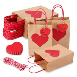 10Pcs Red Heart Kraft Paper Candy Gift Packing Bag with Tag Shopping Tote Bag for Valentine's Day Wedding Party Decor Supplies