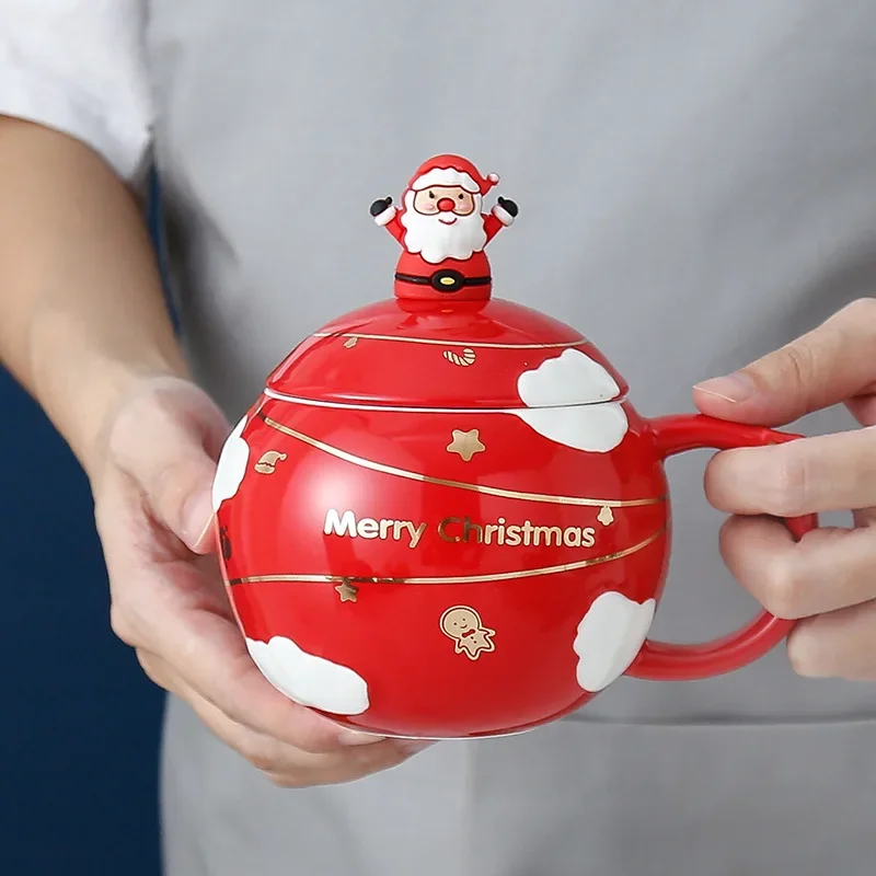 

Creative Santa Claus Ceramic Mug with Lid Spoon Coffee Mugs Household Large Capacity Round Ball Water Cups Christmas Cup Gift