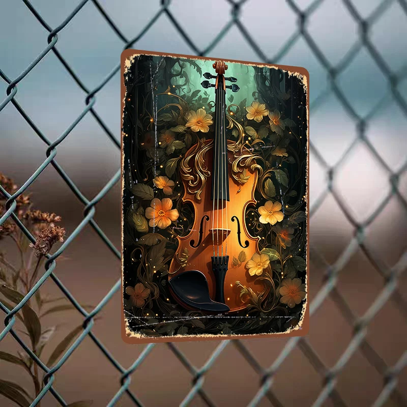 Enchanted Forest Violin Metal Wall Art with Golden Floral Vines and Glowing Accents