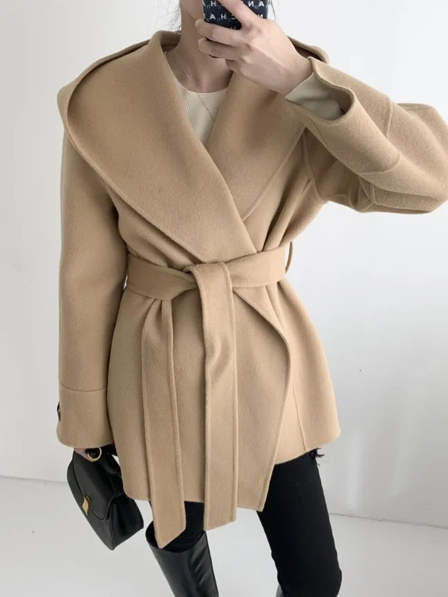 

Chic Autumn Winter Vintage Pure Color Belted Slimming ort Coat with Hood for Women Long Sve Commute Sle No Brand