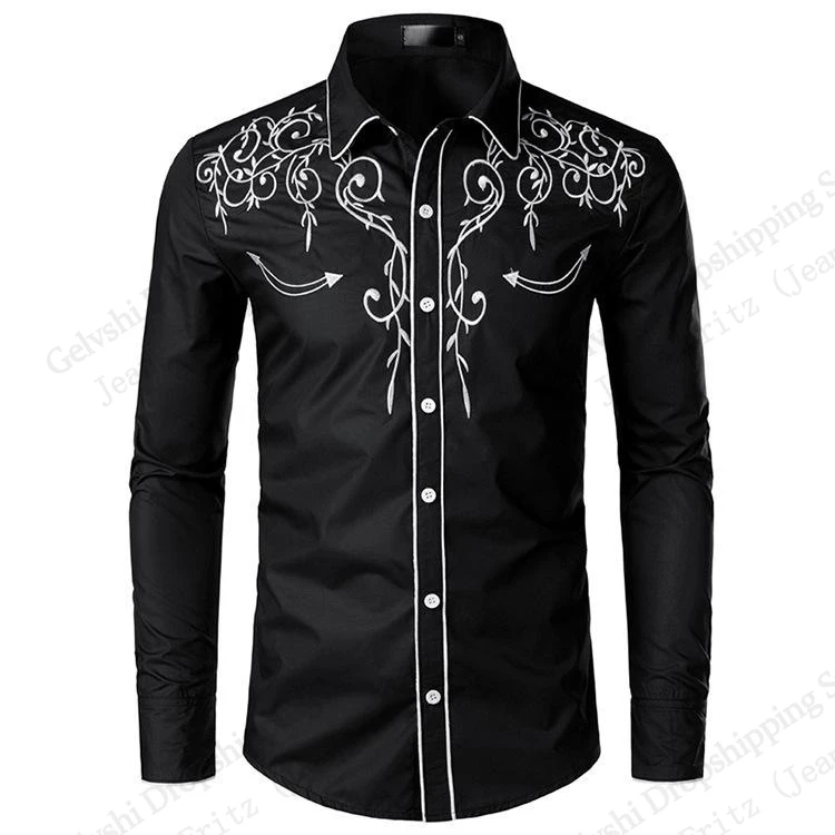Mens Western Cowboy Floral Long Sleeve Shirt Golden 3d Print Shirt Men Fashion Comfort Single-breasted Blouse Men Clothing Slim