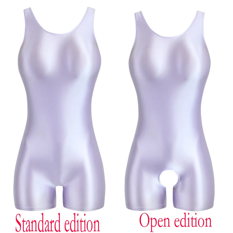Sexy Silky glossy bodysuit open crotch one-piece swimsuit Shiny tights Yoga Oily vest shorts plus size bathing suits shapewear