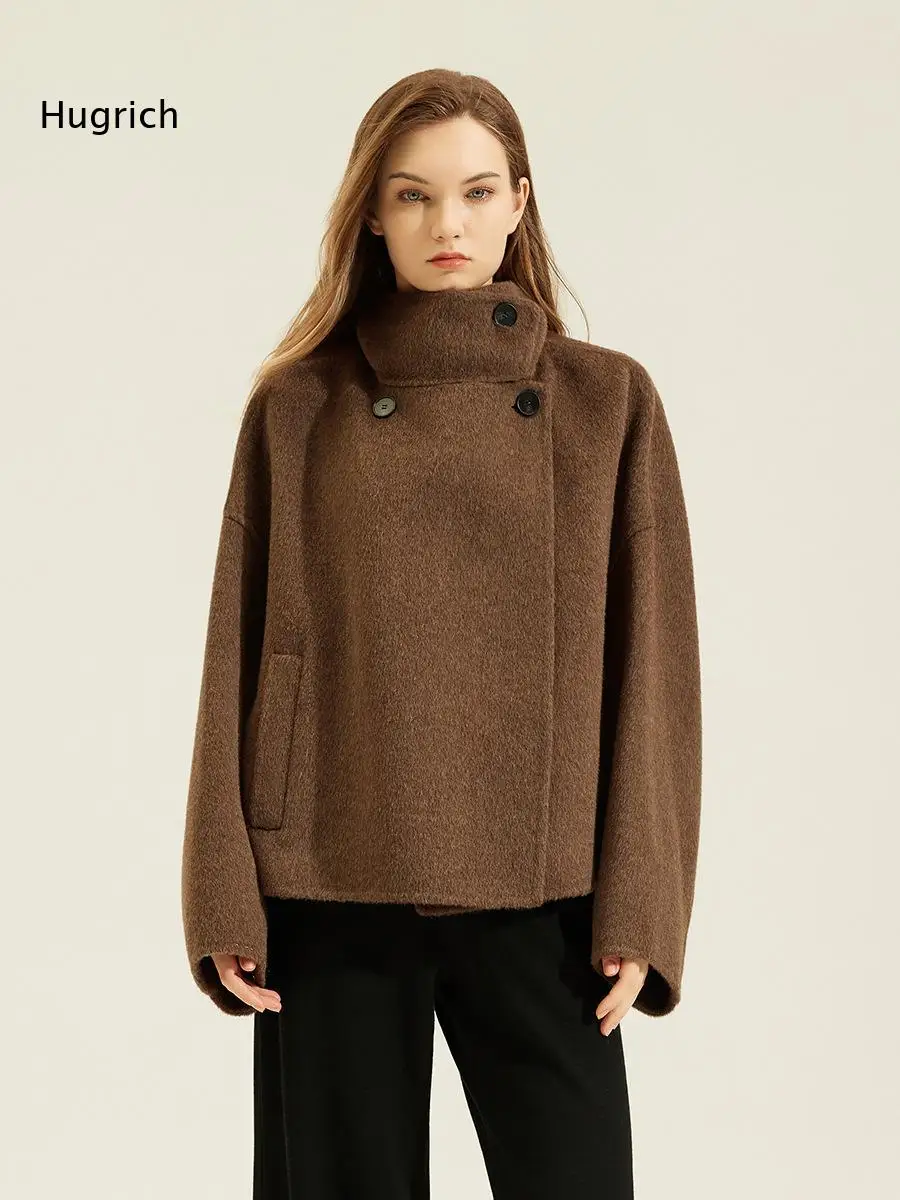 Fall Winter Loose Wool Blend Outerwear Women Big Lapel Collar Snap Button Drop Shoulder Long Sleeve Pocket Short Coat