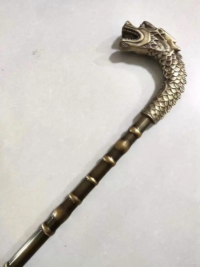 Vintage Copper Walking Stick Cane Bamboo Joint Cane Dragon Head Handle Strong Cane