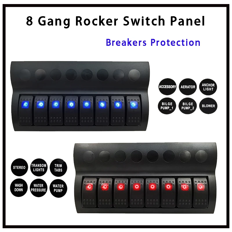 12V Blue Led 8 Gang Rocker ON OFF Switch Panel With Circuit Breakers & Stickers for Marine Boat Car Truck Camper