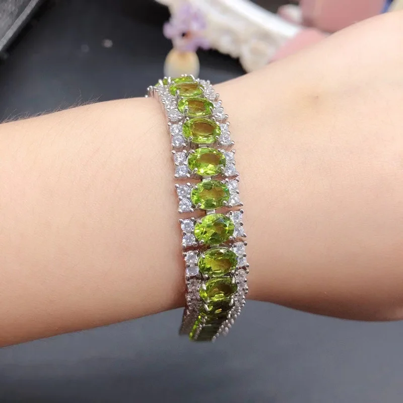 VVS Grade Natural Peridot Bracelet with 3 Layers Gold Plating 6mm*8mm Total 24ct Peridot 925 Silver Bracelet for Party