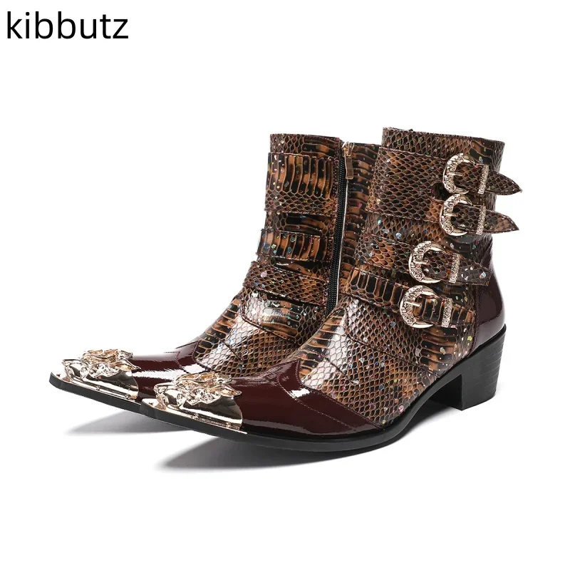 

Роскошные мужские ботинки из натуральной кожи ручной работы, дизайнерские новые коричневые ботинки челси на высоком каблуке с металлическим носком и золотой пряжкой