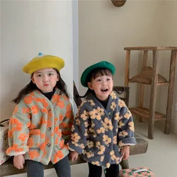 Girl's Coat 2024 Winter Korean Children's Warm Jacket V Neck Fleece Kid's Coat Three-dimensional Flower Plus Velvet Coat