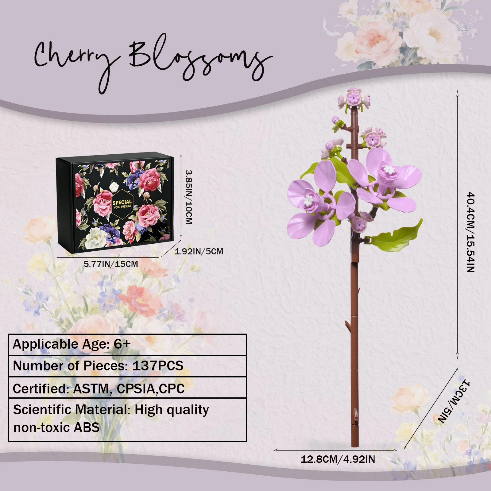 Cherry Blossoms Building Block Bouquet,  Flowers Featuring Gradient Petal Details, Ideal for Tabletop Display and DIY Home Decor - view 2