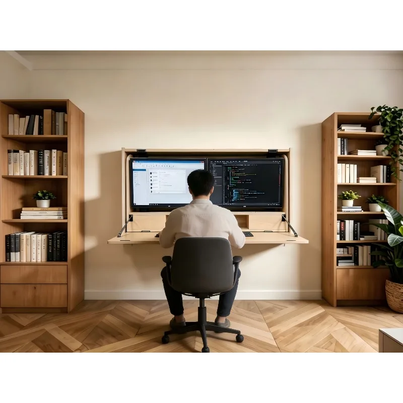 Space Saving Home Workstation Fit Two 27in Extra Wide Wall Mount Electric Sit-Stand Murphy Desk Dual Monitor Fold Out Office OEM