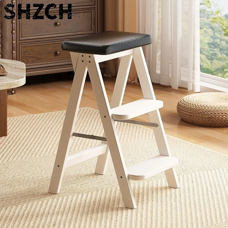 Solid Wood Folding Step Stool 3 Step Household Ladder Wide Seat Easy Storage