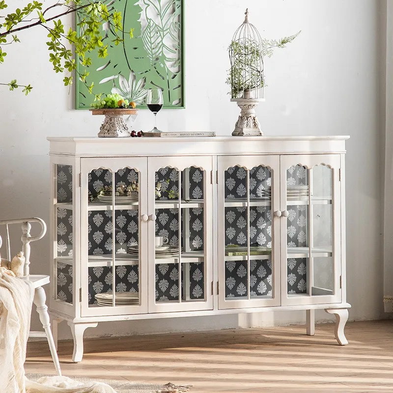 White tempered glass dining side cabinet, French solid wood living room storage cabinet, new hotel and homestay entrance cabinet