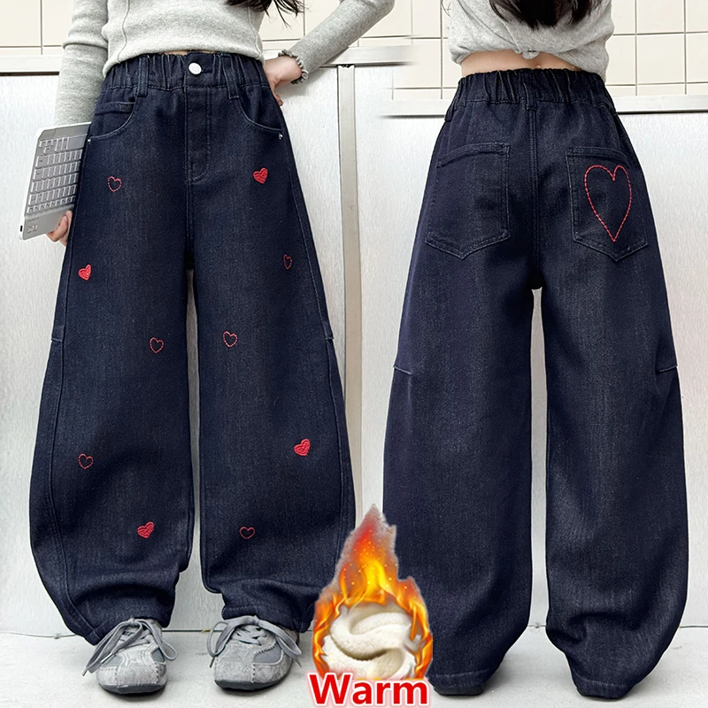 

Vintage Kids Children Winter Warm Baggy Heart Jeans with Fleece Lined for Tween Girls Insulated Retro Blue Denim Curved Pants