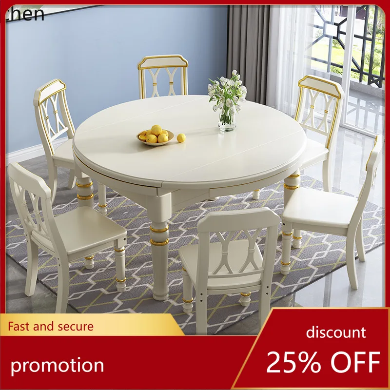 

HXL Solid Wood Combination Dining Table and Chairs, Extendable Square and Round Dual-use Dining Table