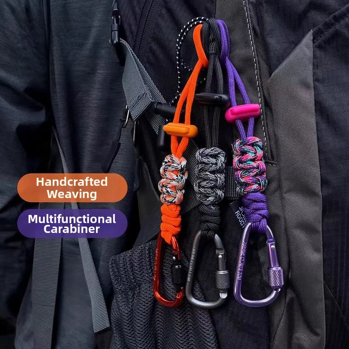 Paracord Keychain Carabiner Heavy Duty Braided Lanyard D-Ring Locking Clip Multi-Functional Outdoor Camping Backpack Key Ring